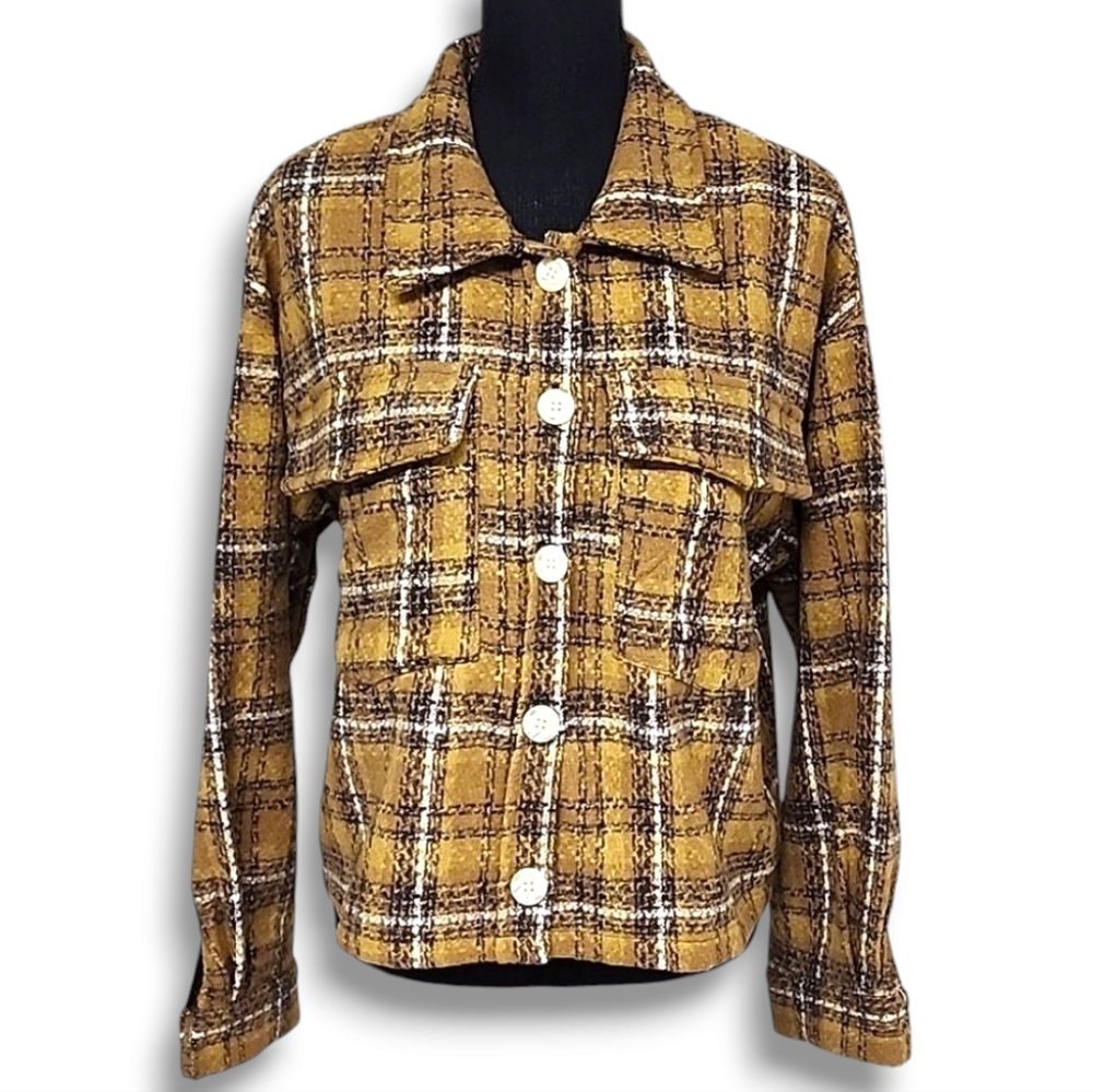 Women’s Mustard Plaid Shacket Button Front Oversized Cropped Flannel Boxy Top